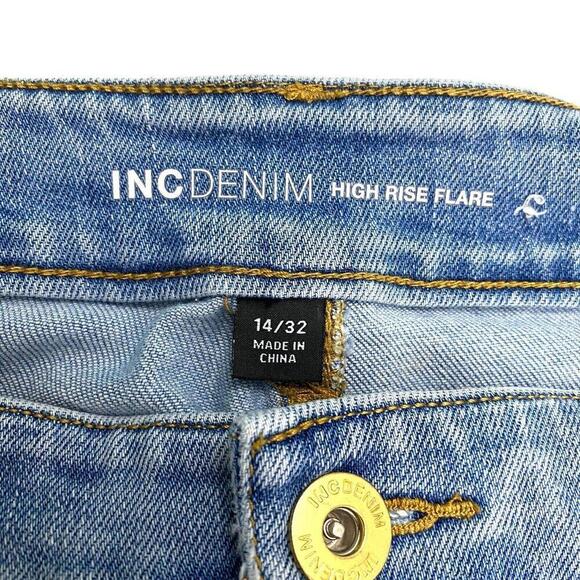 INC High Rise Flare Chain Pocket Detail Women's size 14 Medium Blue Denim Jeans - Picture 2 of 4